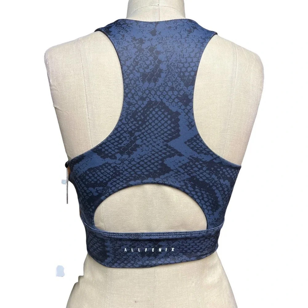 Allfenix Long Sports Bra Racerback Stretch Snake Animal Print Navy‎ Blue Size XS - Picture 6 of 12